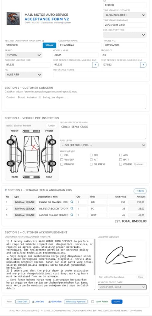 Job card online SMARTWS — Acceptance Form V2
