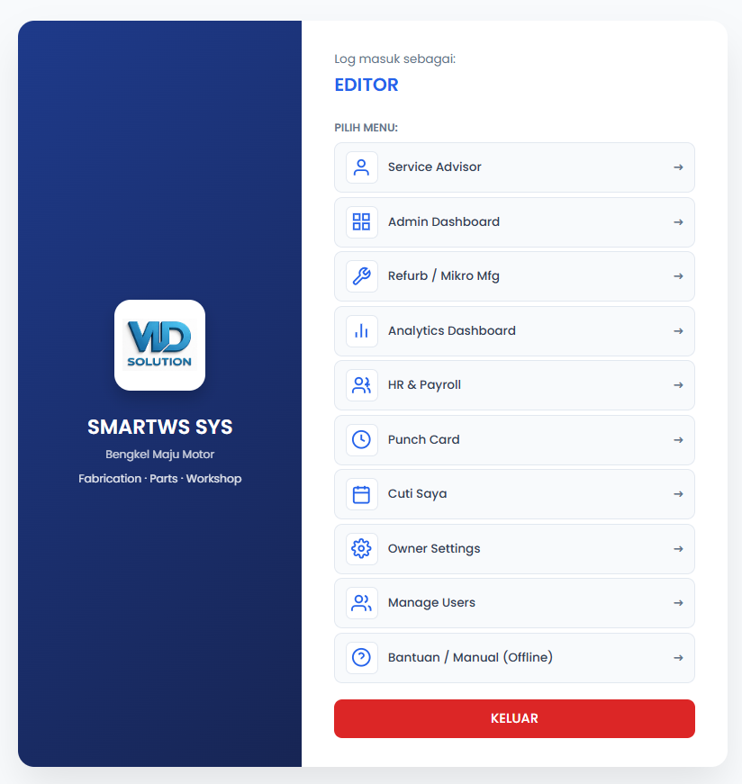 Menu utama SMARTWS SYS — Service Advisor, Admin, Analytics, HR